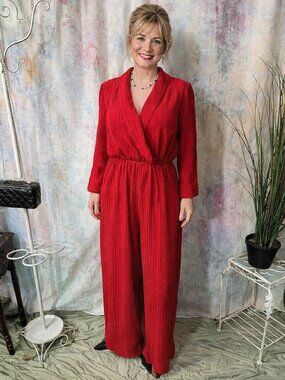 NWT 📌 PrettyLittleThing Sexy Fire Red Jumpsuit Elastic High Waist Long Sleeves